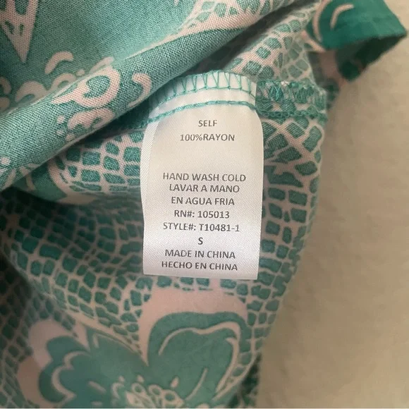 Emily Wonder Floral Blouse Womens S Green Hibiscus Checkered Flared Sleeves Boho - Picture 10 of 10